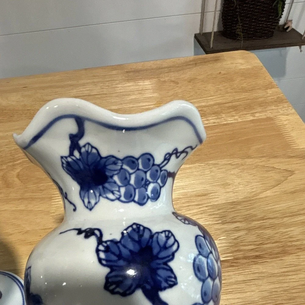 Vintage Pair Blue & White Ceramic Vases Grapevine Pattern Glossy